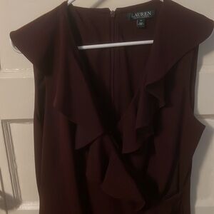 Maroon dress. Knee length with ruffled v neck front, sz 14